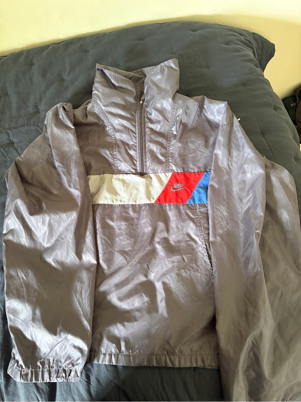 Nike Kids Gray Windbreaker with Red & Blue Chest Accent